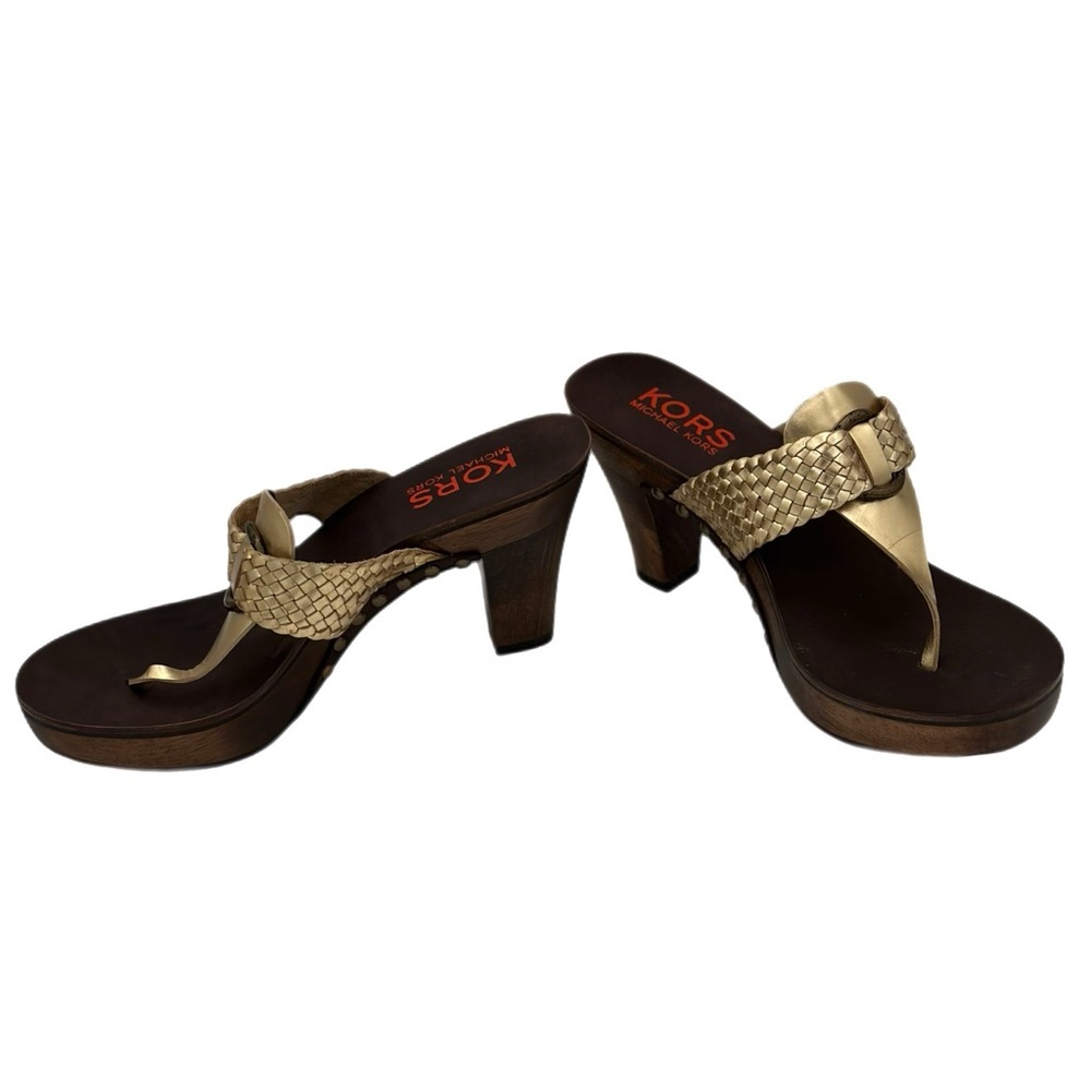 Michael Kors Gold Woven Leather Wood Heel Sandals | Size 8.5M - Picture 3 of 4